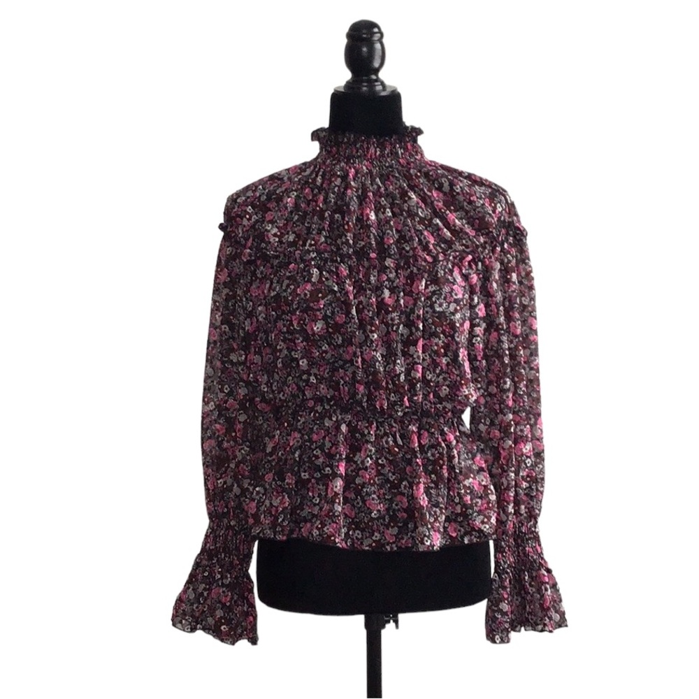 Zara Floral Print Pink Black Ruffle Neck Blouse, size M - Picture 3 of 14